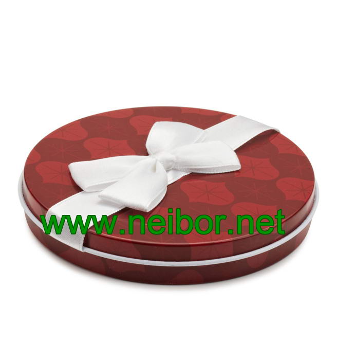 Round shape gift card tin holder with ribbon and flocked tray