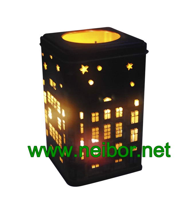 Square shape cookie tin box with hollow cut and secondary use as metal candle holder