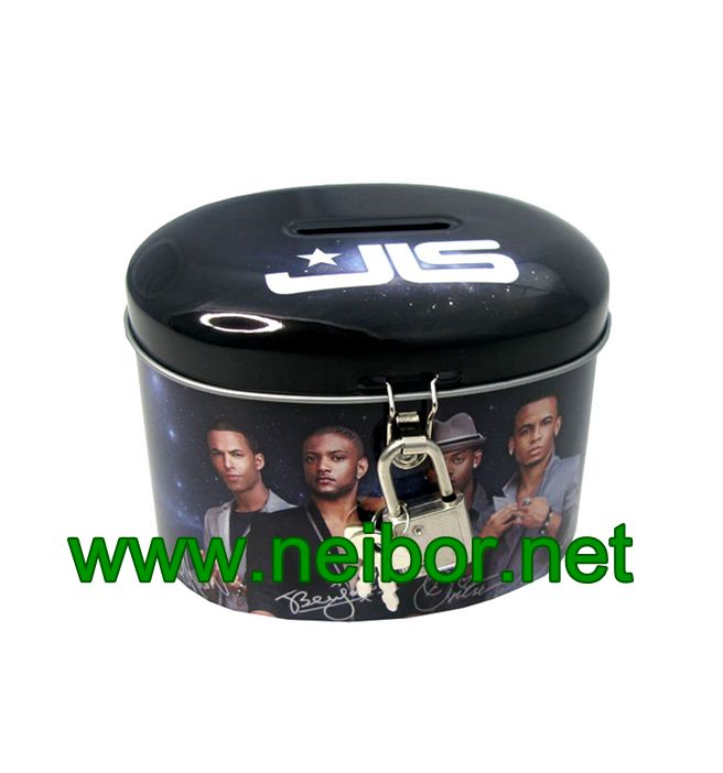 Oval shape tin money box coin bank with lock and keys