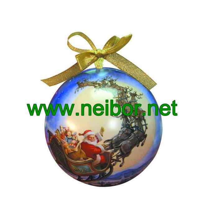 Large size Dia140 Dia130 Dia120 ball shape tin box tinplate bauble with ribbon for Christmas holiday