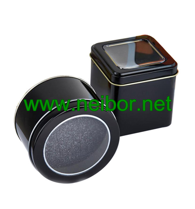 Black color square metal tin watch case watch display box with window and foam 75x75x75mm