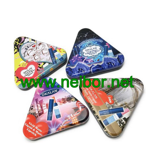 triangle shape gift tin box with plastic tray for lipstick packaging