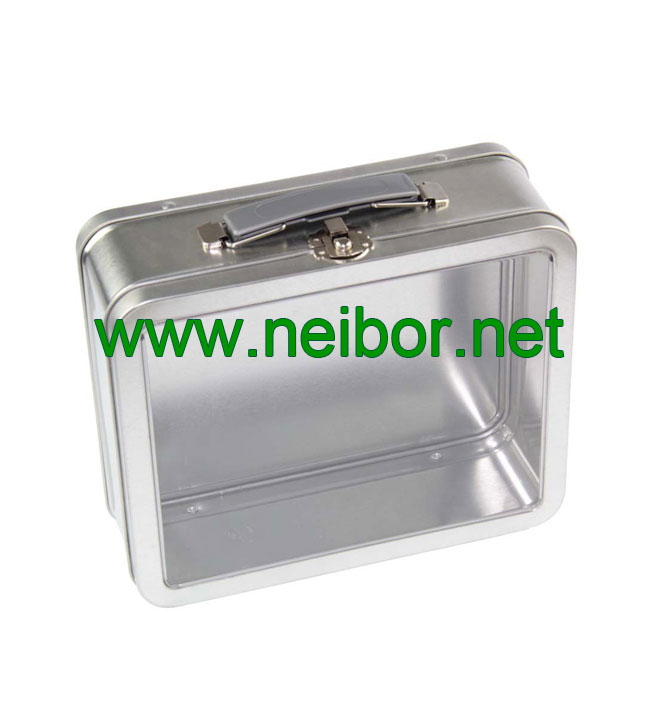 Large Silver Tin Lunch Box with clear window