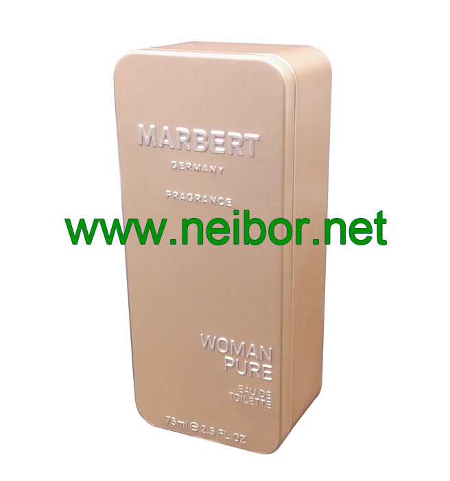 Accept Custom Order Rectangular Shape Metal perfume Gift can Women Fragrance Tin Box with flocked tray embossing Logo