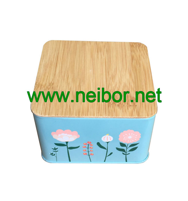 kitchen use square storage tin container with bamboo lid