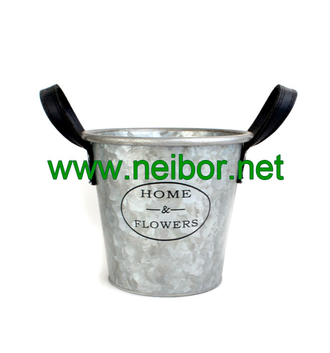 galvanized steel zinc finish metal bucket storage basket with leather handle