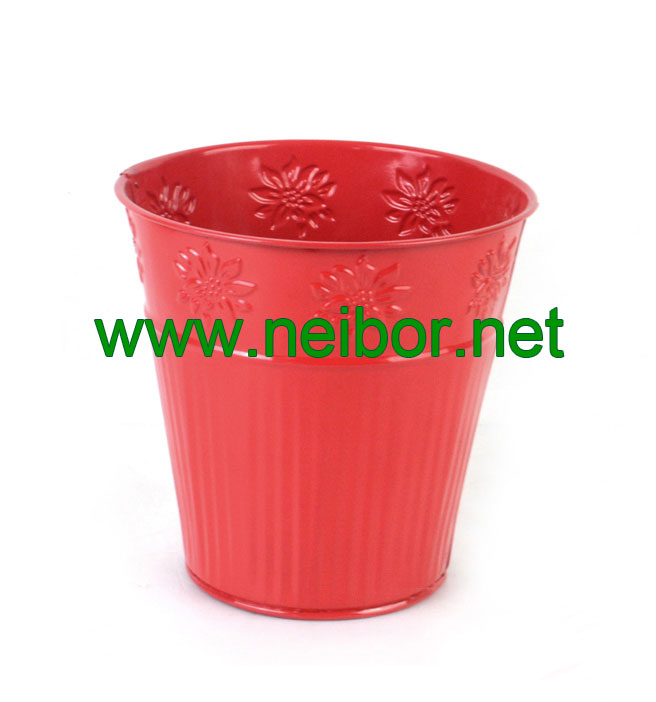 powder coated red color galvanized steel metal storage bucket with embossing pattern