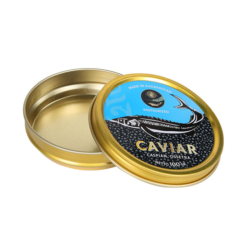 food grade coating Custom label Gold color caviar tin with secure seal to ensure freshness 10g 20g 30g 50g 100g 125g 250g 500g